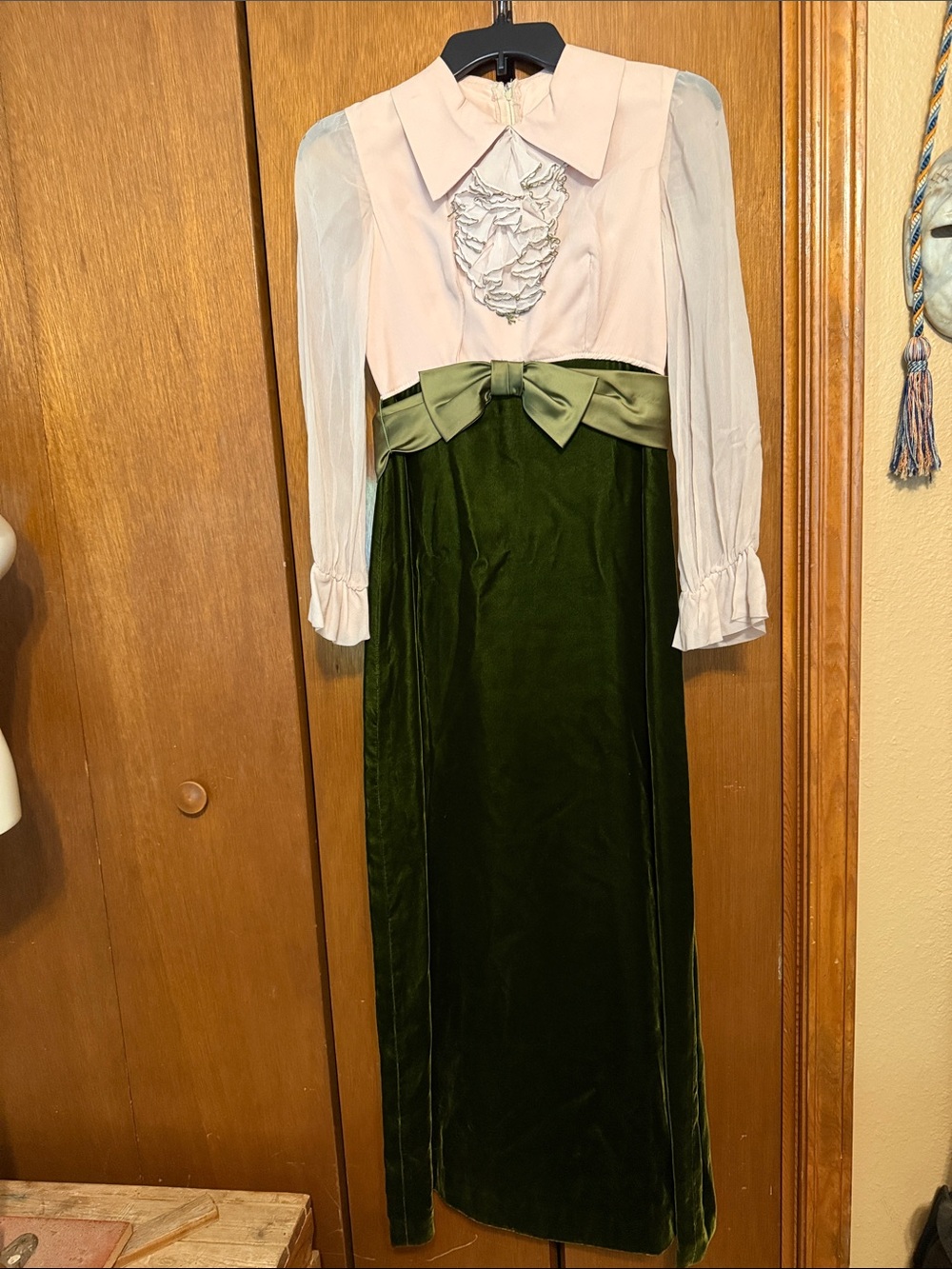Vintage Pink Bodice Maxi Dress with Olive Green Velvet Skirt and Bow